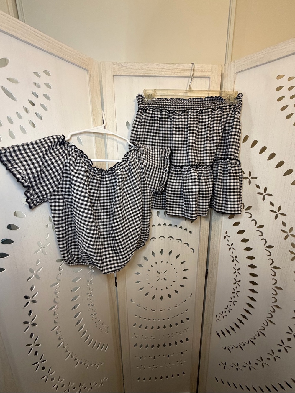 Gingham Crop Top and Ruffled Mini Skirt Set - Black/White